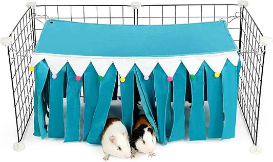 Guinea Pig Hideout - Guinea Pig Corner Hideout, Four-Sided Fringes, Rectangular Top and Washable Hides, Suitable Hides for Guinea Pigs and Rabbit, No Metal Fences, Blue