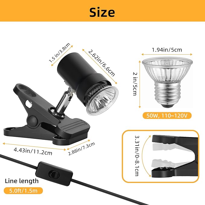 Reptile Heat Lamp with 360° Rotatable Clamp Basking Spot Light with 50W UVA UVB Heat Bulb Simulated Sunlight Heating Lamp for Turtles Lizards Snakes Amphibian Terrariums Tanks
