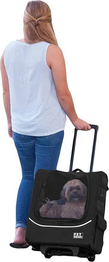 Pet Gear I-GO2 Pus Traveler Roller Backpack, Travel Carrier, Car Seat for Cats/Dogs, Mesh Ventilation, Included Tether, Telescoping Handle, Storage Pouch, Black