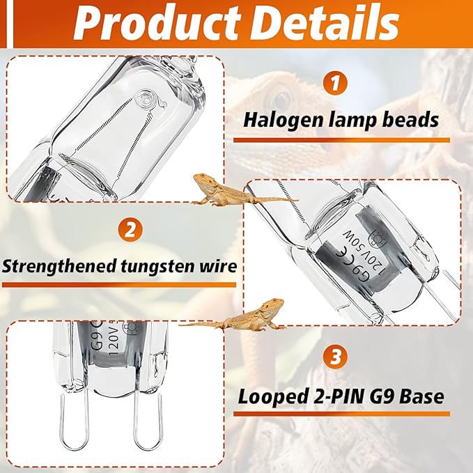 8 PCS G9 Halogen Bulb, Mini Halogen Bulb 50W, Reptile Heat Lamp for Bearded Dragon Gecko Turtle Lizard