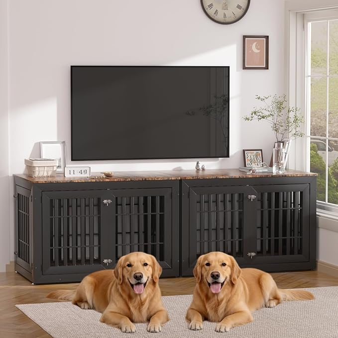 Snuowu 48" Heavy Duty Dog Crate Furniture for Small,Medium and Large Dogs,Rustic Wooden Dog Cage Kennel Indoor Furniture with Waterproof Top,Decorative Pet House Side End Table (Black & Wood)