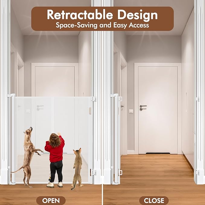Reinforced 48" Extra Tall Baby Gate with Support Rods, 4 Ft Tall Retractable Gate for Dogs 55" Wide Pet Gates for Doorways Mesh Cat Gate - Prevent Baby/Pet from Jumping Over, White