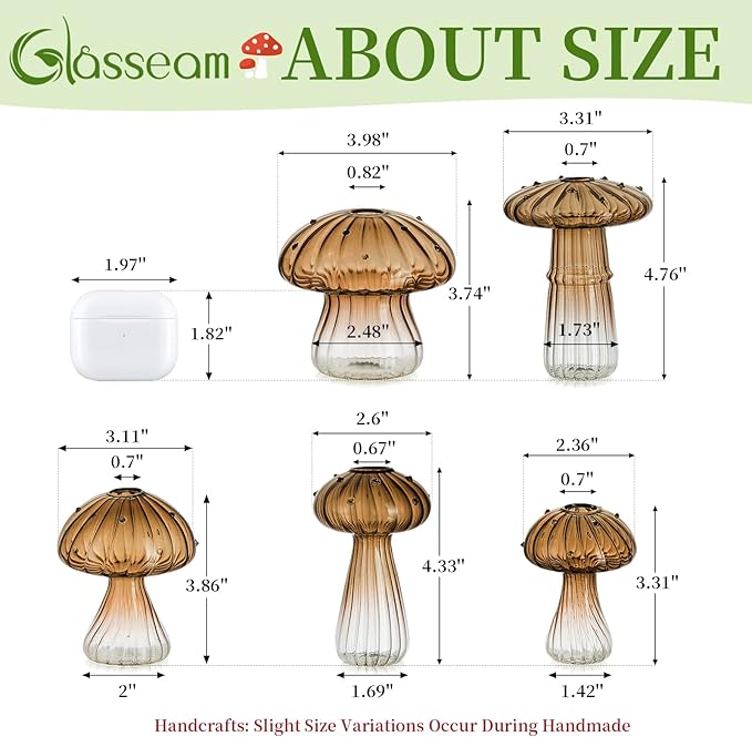 Glasseam Mushroom Plant Propagation Stations: Amber Glass Terrarium Jar Set of 10 Cute Planters for Indoor Plants Mini Propagate Station Unique Christmas Birthday Gifts for Women Home Office Decor