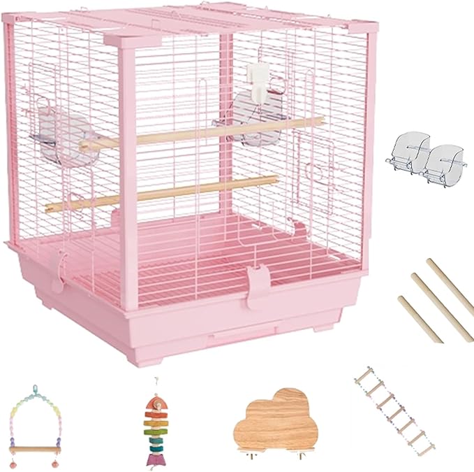 20inch Bird Carrier Travel Cage Cockatiel，Bird Aviary Indoor with Open Roof Outdoor Parrot Cage for Parakeet, Canaries, Budgies, Finch(Pink,7pcs)