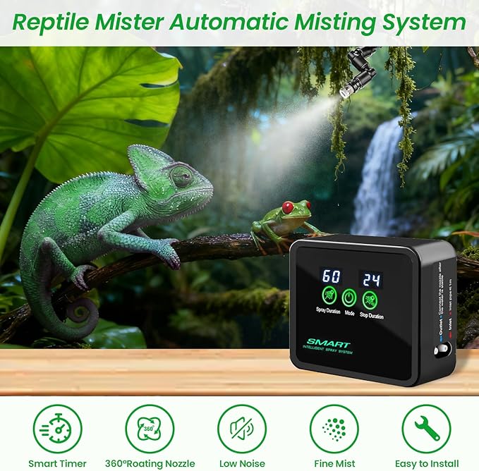 Reptile Mister Automatic Misting System, Reptile Humidifiers with Smart Timing Controller, Terrariums Humidifier with 360°Adjustable Misting Nozzles, Rainforest Ecosystem Sprayer…