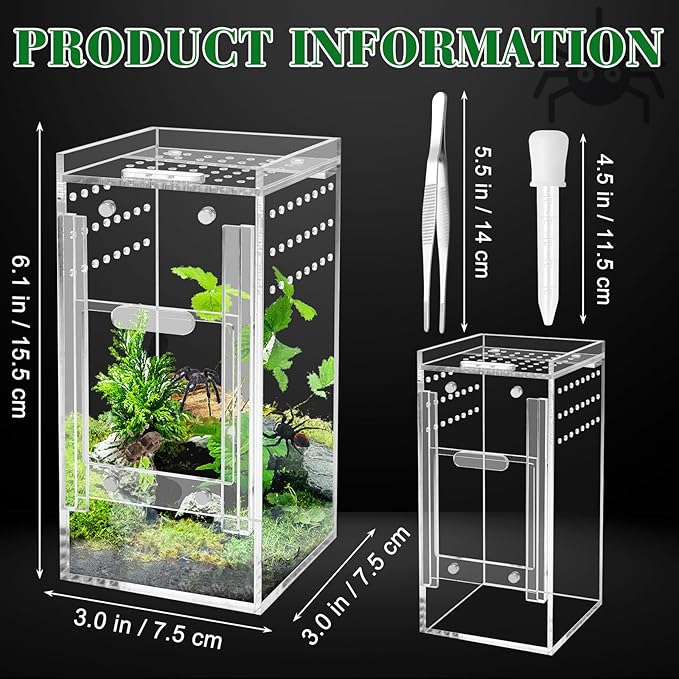 Mini Spider Enclosure, Windspeed 3x3x6’’ Acrylic Terrarium with Ventilation Jumping Spider Enclosure Cage Portable Micro Habitat Terrarium for Tarantula Lizards Gecko with Tongs, Dropper