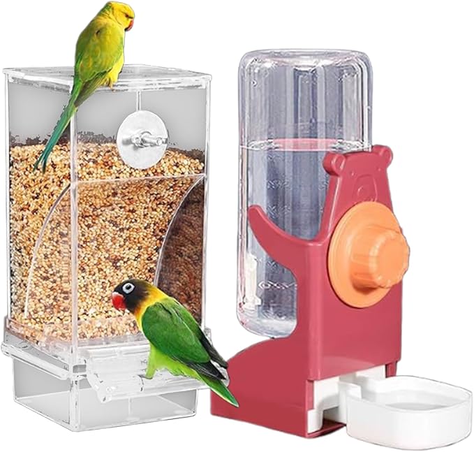 Clear View Bird Feeder and Water Dispenser Set with Detachable Trays for Finches, Parrots ABS Construction 2PC Large Capacity Treat Dispenser