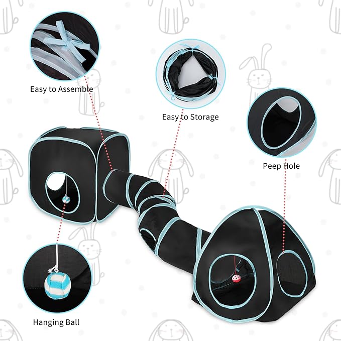 YUEPET Rabbit Tunnel and Cube Collapsible Tent Bunny Interactive Crinkle Tunnel Toys Small Animal Hideout with Play Ball for Dwarf Rabbit Bunny Guinea Pig (Blue Black)