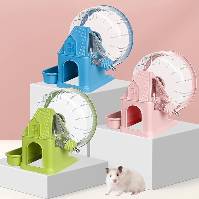 Hamster Toys 4 in 1 Multifunctional Super-Silent Exercise Toys Spinner Wheels with Water Bottle Food Container and Hideout Base Large Spinning Running Wheel for Rat Gerbils Mice (L,Pink)