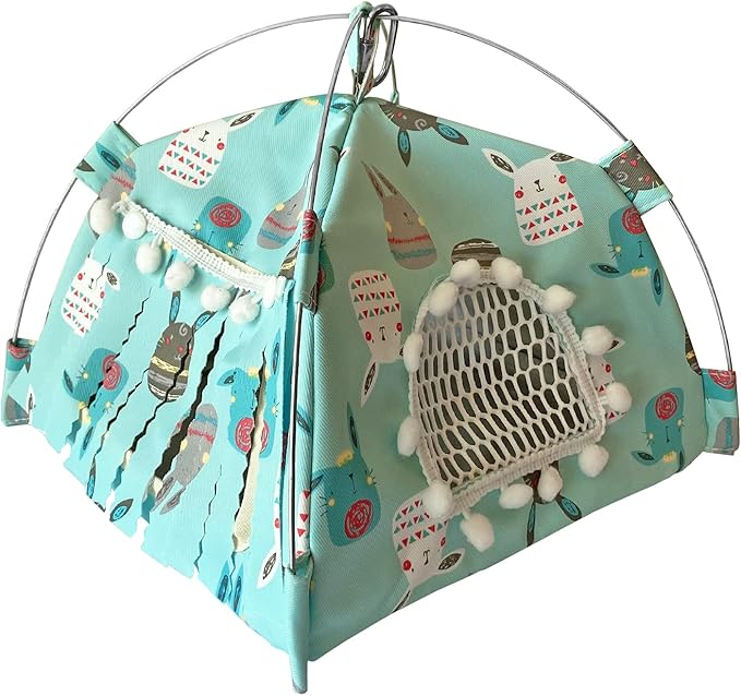 Portable Small Animal Tents House Cave Habitat Hideout with Forest Hidey Curtain for Hamster/Mice/Gerbil Rats/Guinea Pigs Hedgehog Nest Cushion Beds (Blue)