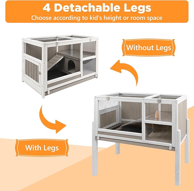Easy-View 2-Storey Guinea Pig Cages Indoor, Wooden Guinea Pig Cages with 4 Detachable Legs, Leakage Pull-Out Tray, Metal Strip Ramp, Hideout, Ideal for Guinea Pig, Rabbit, Hamster, Hedgehog