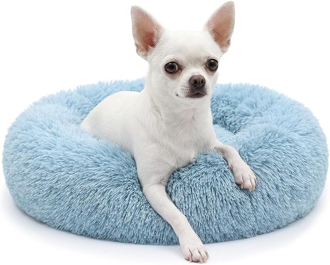 Calming Donut Dogs Beds for Small Dogs Washable,19inch Fluffy Round Puppy Bed for Puppies,Cats & Toy Breeds with Raised Rim,Fits up to 15 lbs Pets,Washed Blue