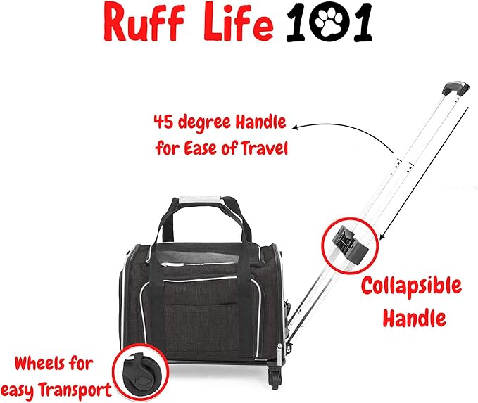 RUFF LIFE 101 Airline Approved Expandable Premium Pet Carrier on Wheels- Two Sided Rolling Carrier- Designed for Dogs & Cats- Extra Spacious Soft Lined Carrier! (Black) (RL-PET-CARRIER-WHEELS)