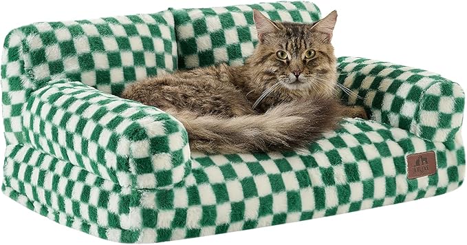 Hollypet Fluffy Dog Cat Bed Pet Couch Beds Plush Soft Warming Washable Puppy Bed for Small Medium Dogs and Large Cats, Forest Green and White, 24" L x 18" W x 10" Th