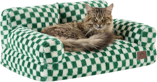 Hollypet Fluffy Dog Cat Bed Pet Couch Beds Plush Soft Warming Washable Puppy Bed for Small Medium Dogs and Large Cats, Forest Green and White, 24" L x 18" W x 10" Th