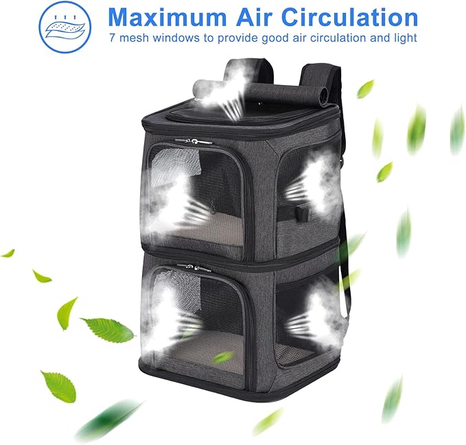 2-in-1 Double Pet Carrier Backpack for Small Cats and Dogs, Portable Pet Travel Carrier, Super Ventilated Design, Ideal for Traveling/Hiking/Camping, Black