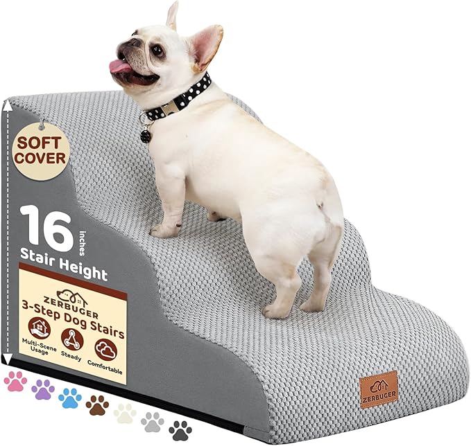 Zerbuger Dog Ramp and Stair for Bed 16" H-20 H,3-Step Cat Stair for Sofa and Chair,4-Step Dog Ramp for High Bed and Window,Durable Nonslip Fabric Cover for Indoor (Light Grey-16 H, Pet Friendly, 3)