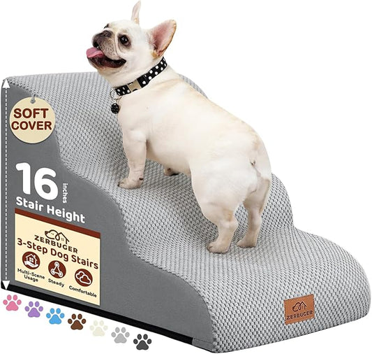 Zerbuger Dog Ramp and Stair for Bed 16" H-20 H,3-Step Cat Stair for Sofa and Chair,4-Step Dog Ramp for High Bed and Window,Durable Nonslip Fabric Cover for Indoor (Light Grey-16 H, Pet Friendly, 3)