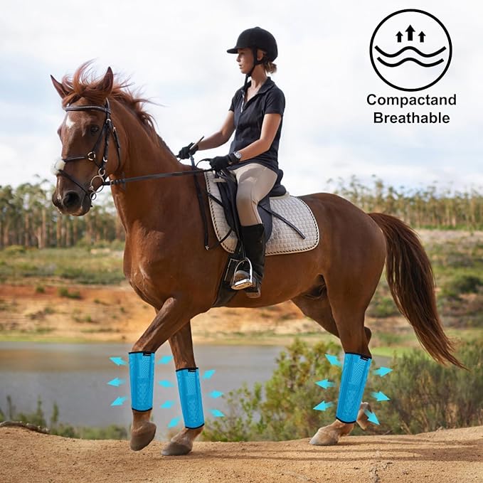 FOXLVDA Horse Fly Boots - Fly Boots for Horses Set of 4, Comfortable Horse Leggings, Mesh Material Design with Metal Support Bars for Reduces Stomping & Leg Fatigue (Blue, Large)