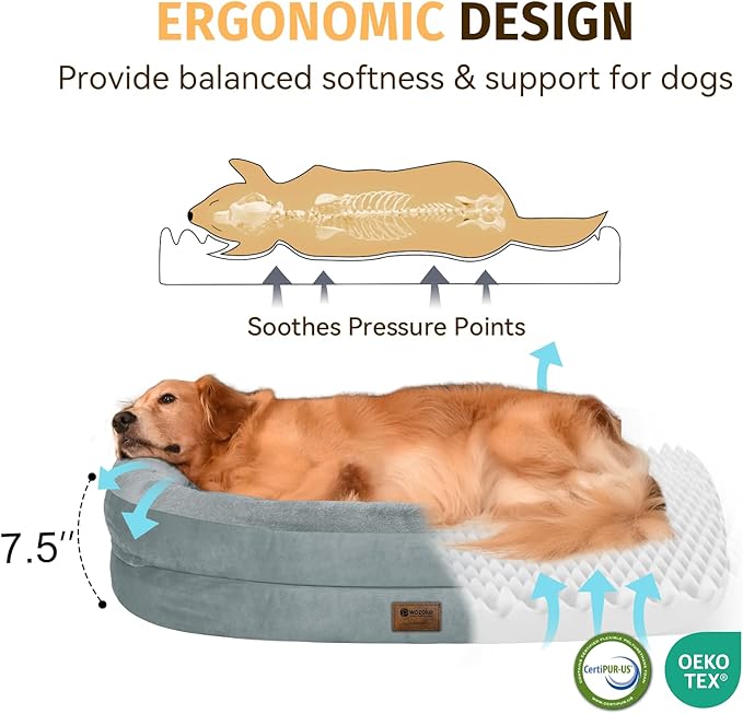 Orthopedic Dog Bed for Large Dogs, Waterproof Dog Bed for Large Size Dogs with Bolsters, Egg Crate Foam Sofa Bed with Washable Removable Cover & Non-Slip Bottom, Grey