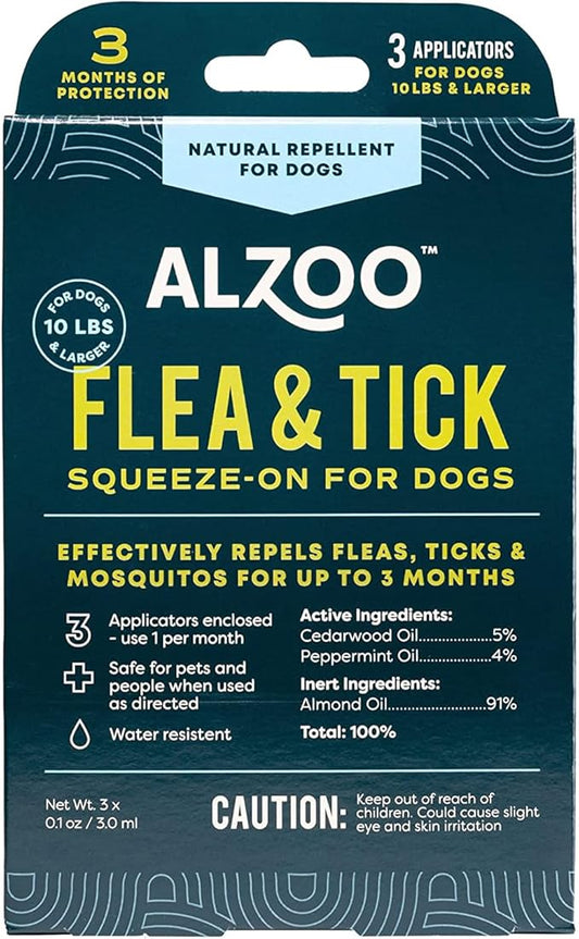 ALZOO Plant Based Flea & Tick Squeeze-On for Dogs, Helps Repel Fleas, Ticks & Mosquitos, Up to 3-Months Protection, Plant-Based Active Ingredients, Water-Resistant, 3 EZ-On Applicators Per Pack