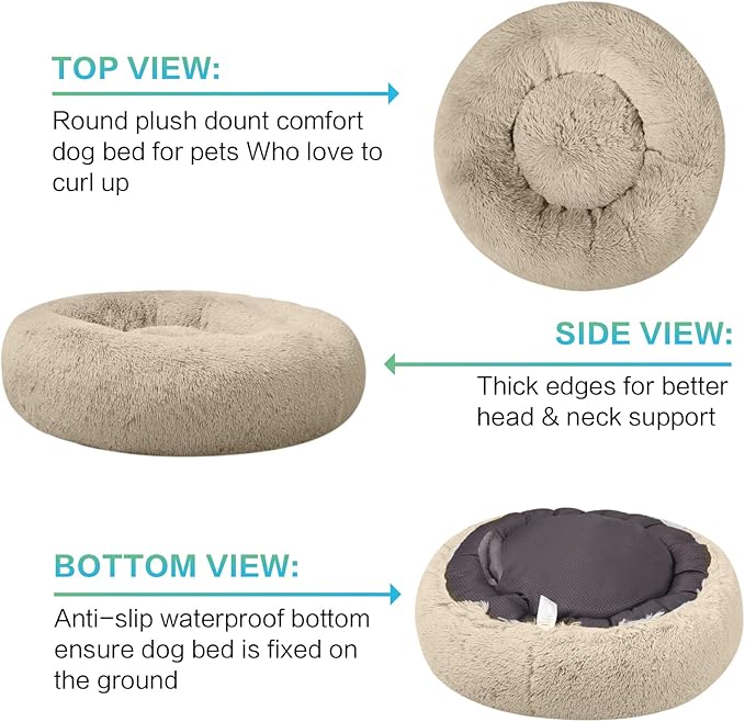 SAVFOX 36 inches Calming Donut Dog Bed - 3X Durable Plush Faux Fur, Machine Washable & Non-Slip, Fits up to 100 lbs, Beige
