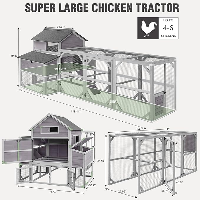 Large Chicken Coop with Run - Wooden Hen House with 6 Nesting Boxes and Removable Tray, 41.3ft² Poultry Pet Hutch Run Cage with Waterproof Asphalt Roof, fold Out House for 4-6 Chickens