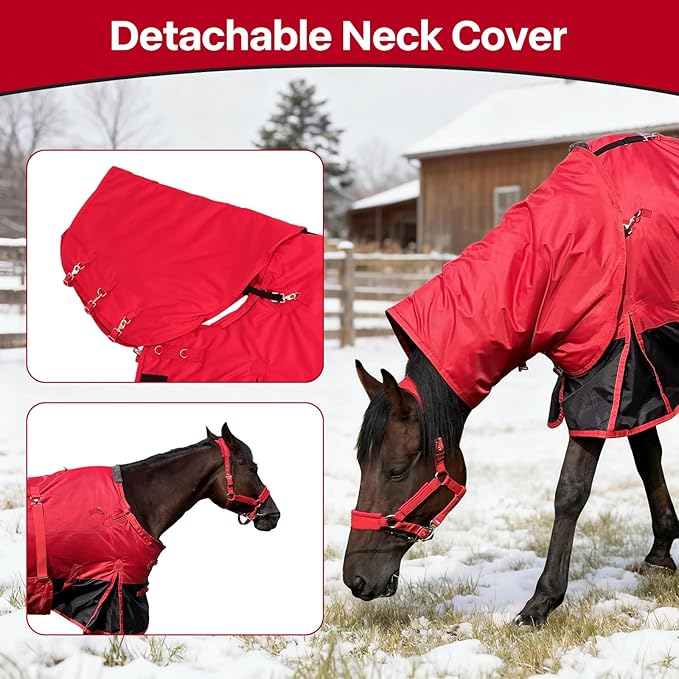 Horse Blankets,1600D Oxford Cold Weather Horse Trunout Sheets, Medium Weight Winter Horse Care Blankets with 280g Filling Liner (Red&Black, US 78 inch/EU 145 cm)