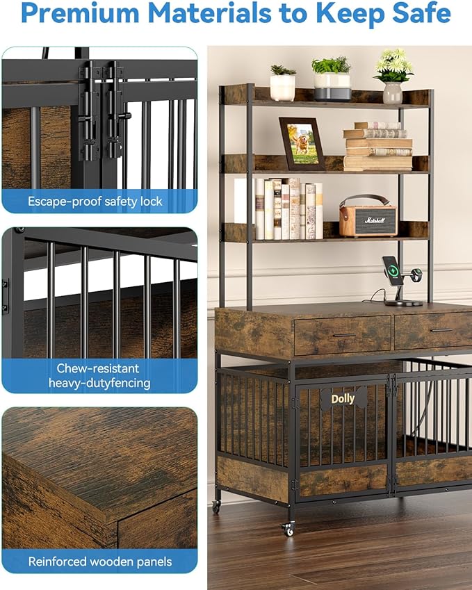 Petrova 40" Dog Crate Furniture with LED Light & Power Outlets, Heavy Duty Indoor Dog Kennel for Small/Medium Dogs, Wooden Dog Cage with Open Shelves, Storage Drawers, Lockable Wheels, Brown