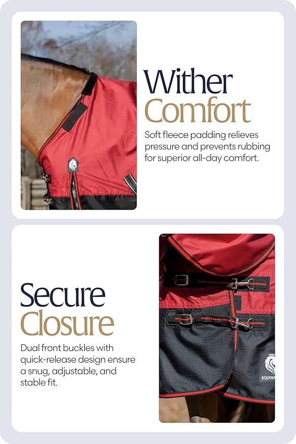 Equinavia Norse 200g Medium Weight Horse Blanket | Waterproof Winter Turnout - Black - 66 in - Equestrian Red - 75 in