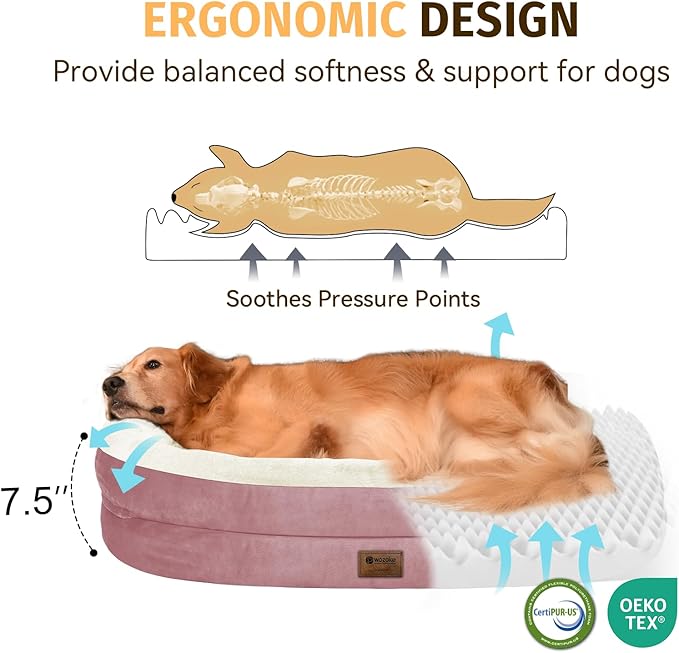 Orthopedic Dog Bed for Large Dogs, Waterproof Dog Bed for Large Size Dogs with Bolsters, Egg Crate Foam Sofa Bed with Washable Removable Cover & Non-Slip Bottom, Pink