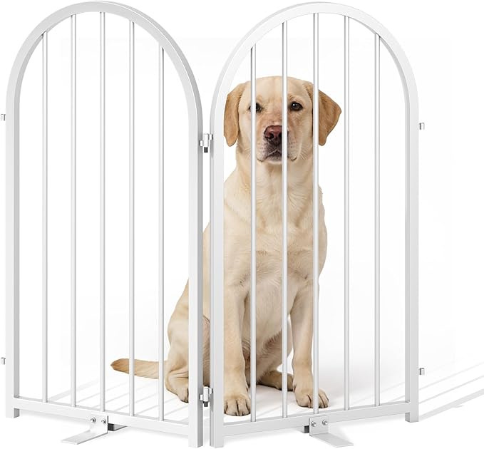 PUPETPO Full Metal Dog Gate for Indoor Outdoor, 32" Tall Free Standing Pet Dog Fence, 36" Wide Arched Pet Gates for Stairs, Hallways, Doorways, Kitchen, Decks, Yards (White, 2 Panels)