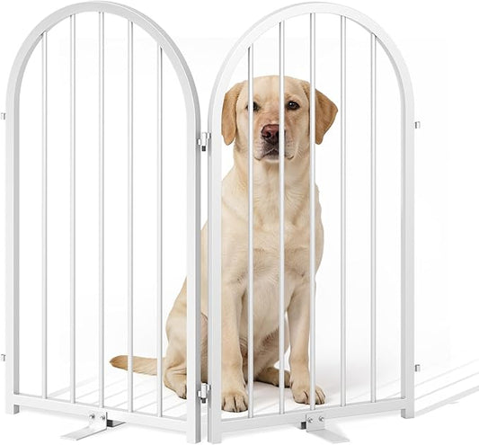 PUPETPO Full Metal Dog Gate for Indoor Outdoor, 32" Tall Free Standing Pet Dog Fence, 36" Wide Arched Pet Gates for Stairs, Hallways, Doorways, Kitchen, Decks, Yards (White, 2 Panels)