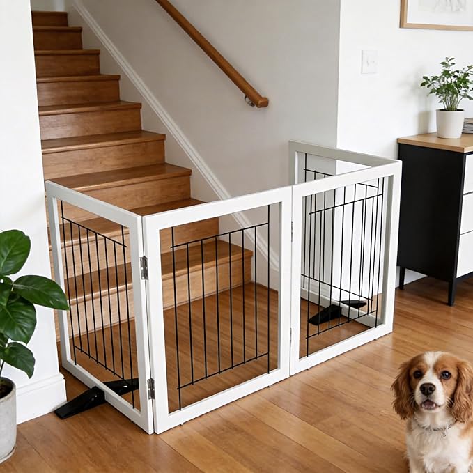 ZJSF Freestanding Dog Gate Indoor, Foldable Dog Fence for Doorways,Hallways or Stairs, Sturdy Wood Extra Wide Pet Gate with Support Feet,White,24 "Height-3 Panels