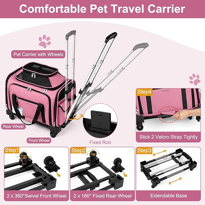 Airline Approved Pet Carrier with Wheels, Top & Side Expandable Soft-Sided Bag, 18x11x11 inches Fits Under Seat for Small Dogs Cats, Double-Sided Mat & ID Card for Travel Vet Visits Camping