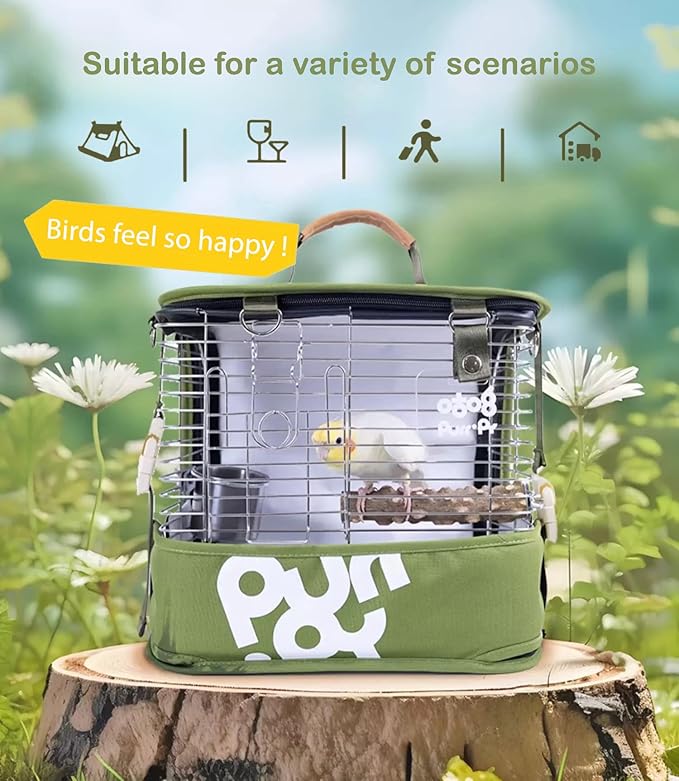 Portable Bird Travel Cage Backpack – Durable Stainless Steel Mesh Carrier with Stand/Tray, for Parrots, Cockatiels, Conures, and Parakeets – Perfect for Outdoor Adventures (Orange)