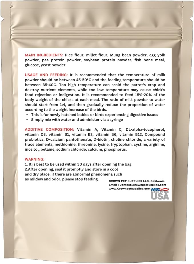 Baby Hand Feeding Formula Milk Powder Rich in Minerals & Multivitamins for Lovebirds, Parrots, Parakeets, Cockatiels, Conures, Cockatoos, and Macaws