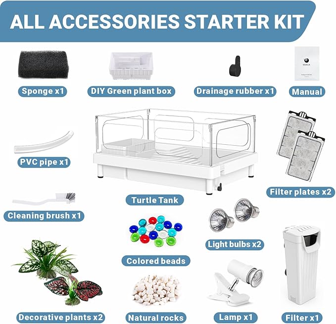 GOZILLA Small Turtle Tank Kit(Tank+Lamp+Filter), Acrylic Turtle Starter Kit with Adjustable Lamp, Reptile Habitat and Terrarium with Multi-Functional Areas for Small Reptiles. (White Kit)