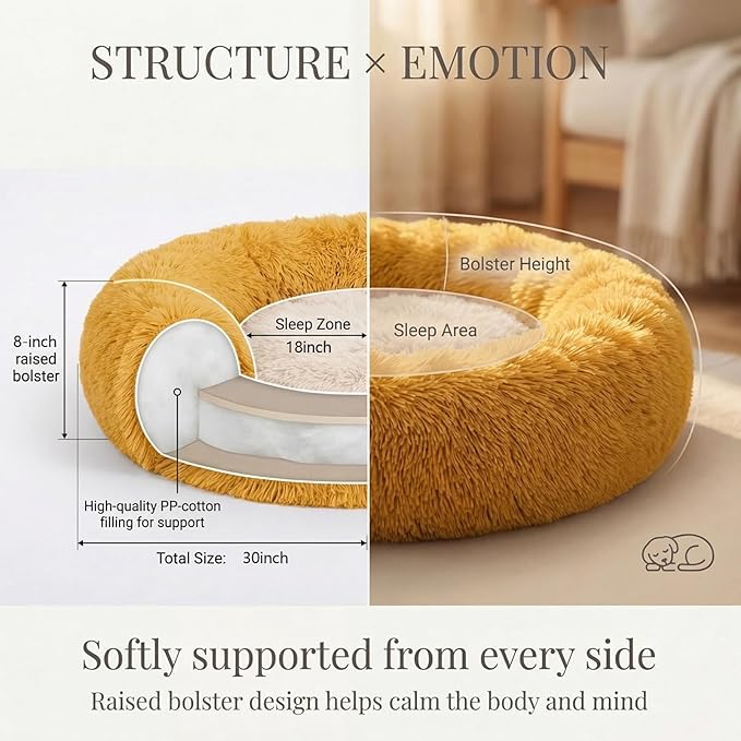 Calming Dog Bed for Medium Dogs Washable Donut 30 inches Anti-Slip Pet Bed,Round Fluffy Plush Faux Fur Cat Bed,Fits up to 45 lbs Pets,Orange