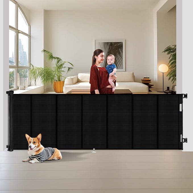 Miumoon 150 inch Retractable Baby Gates 42 inch Tall, Retractable Gate with Reinforced Strip Design to Prevent Crawling Through, 12 FT Extra Wide Retractable Dog Gate for Indoor/Outdoor