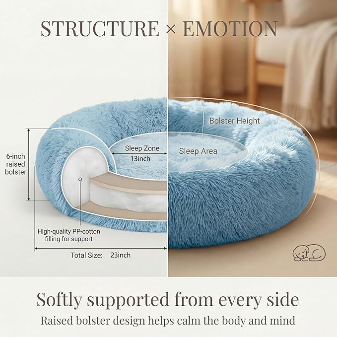 Calming Donut Dogs Beds for Small Dogs Washable,23inch Plush Round Pet Bed for Cozy Sleep,Fluffy Faux Fur Large Cat Bed,Fits up to 25 lbs Pets,Washed Blue