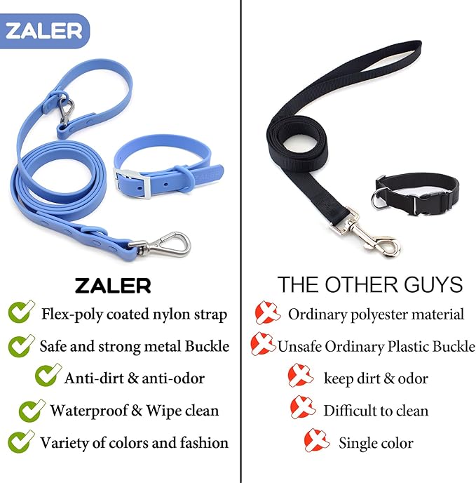 ZALER Dog Collar and Leash Set, Waterproof Adjustable Odor Proof Pet Collars Leashes Easy to Clean, 6FT Dog Leash with 2 Hooks for Large, Medium Small Dogs (M, Blue)