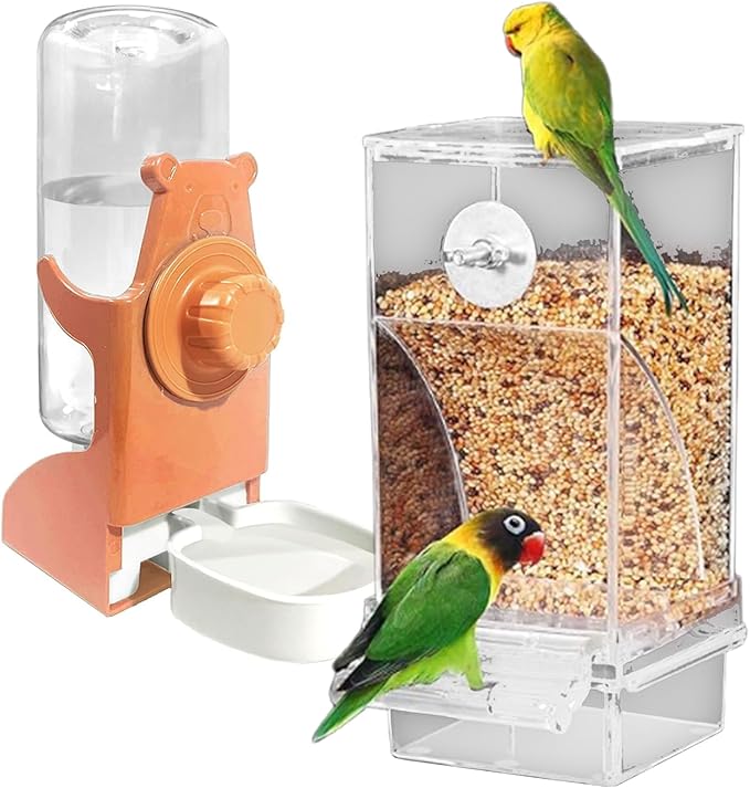 Clear View Bird Feeder and Water Dispenser Set with Detachable Trays for Finches, Parrots ABS Construction 2PC Large Capacity Treat Dispenser