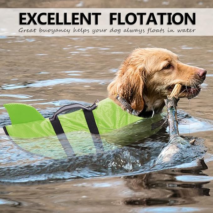 Queenmore Ripstop Dog Life Jacket Shark Life Vest for Dogs, Safety Lifesaver with High Buoyancy and Lift Handle for Small and Medium Breeds（Green XS）
