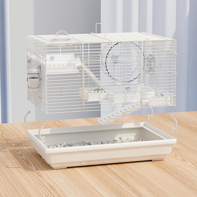 Small Hamster Cage Starter Kit 19”Lx12”Wx12”H for Dwarf Hamster & Robo Hamster with Multilevel Platforms, 2 Tube Ports, Exercise Wheel, Ladders, Water Bottle, Food Bowl, White