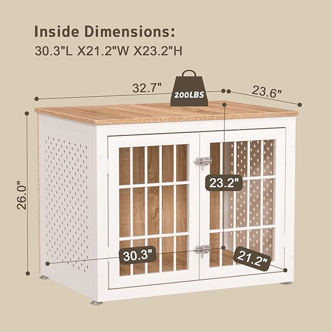 rehomerance 32" Heavy Duty Dog Crate Furniture for Small and Medium Dogs, Metal Kennel for High Anxiety Dogs, Chew Proof Pet Cage Indoor, Decorative Dog Kennel End Table, White