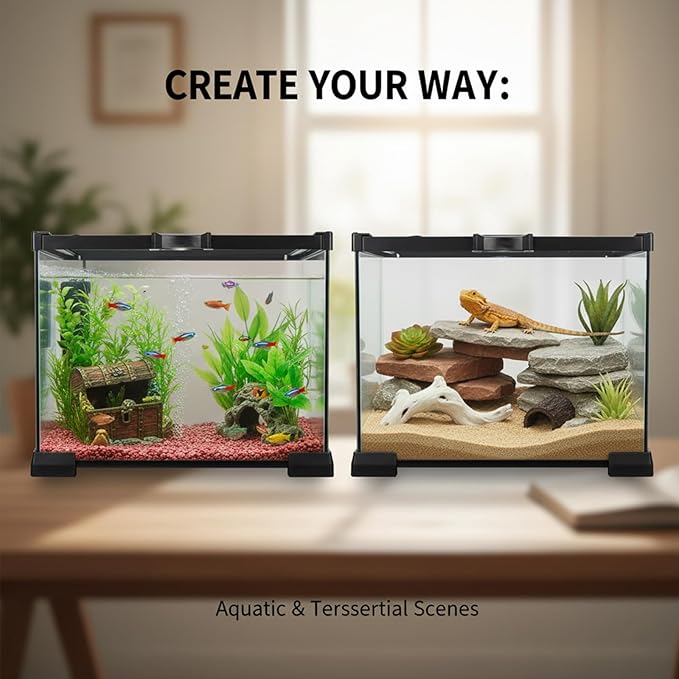 12"x8"x6" Mini Reptile Glass Terrarium Set (7 Pcs) Full View Hermit Crab Tank, Habitat Enclosure with Feeding Slot & Lock for Lizard, Bearded Dragon, Snake, Amphibians & Small Pets