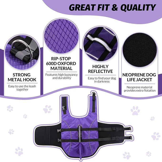 Queenmore Small Dog Life Jacket for Swimming, Boating, Kayaking - High Buoyancy Puppy Preserver with Rescue Handle (Purple, XS)