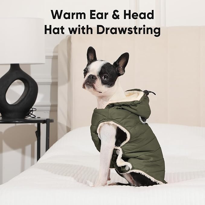 Vecomfy Fleece Lining Dog Hoodie with Harness Built in,Extra Warm Medium Dog Jacket in Winter Doggie Coats with Drawstring Hooded,Green XL