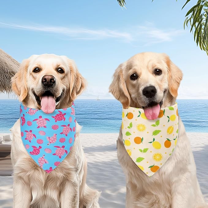 Summer Dog Bandanas XLarge 2PCS, 4 Pattern Blue Pink Yellow Scarf for Boy and Girl, Triangle Reversible Bibs Breed for Puppy Cats Pets